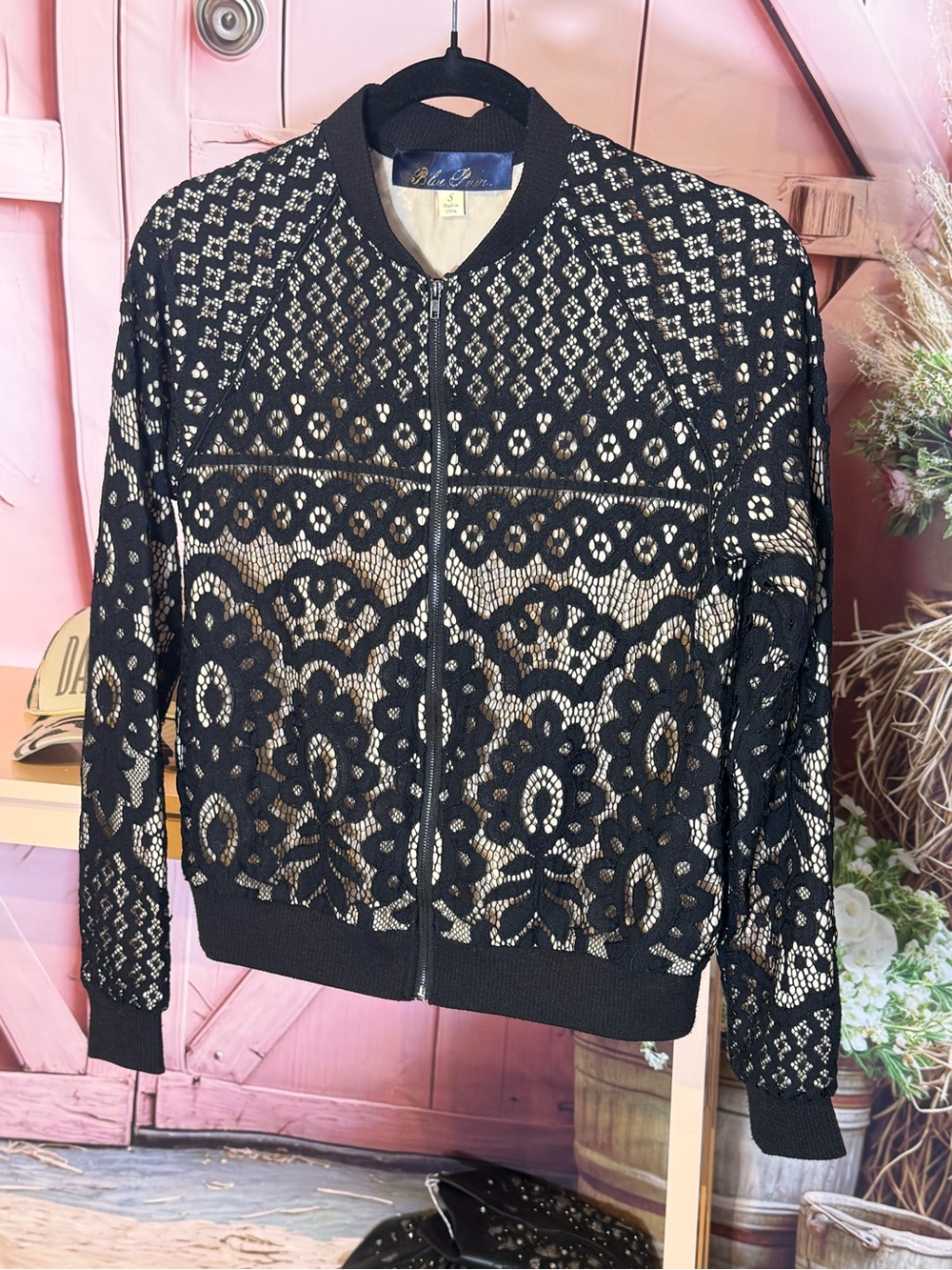 Black Lace Bomber Jacket by Blue Rain Size Small